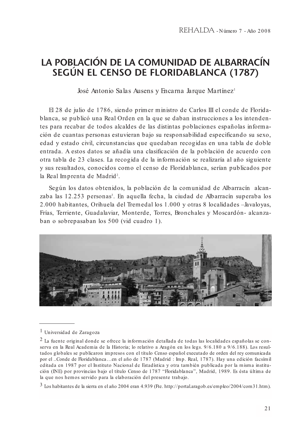 La Población De La Comunidad De Albarracín Según El Censo De Floridablanca (1787)