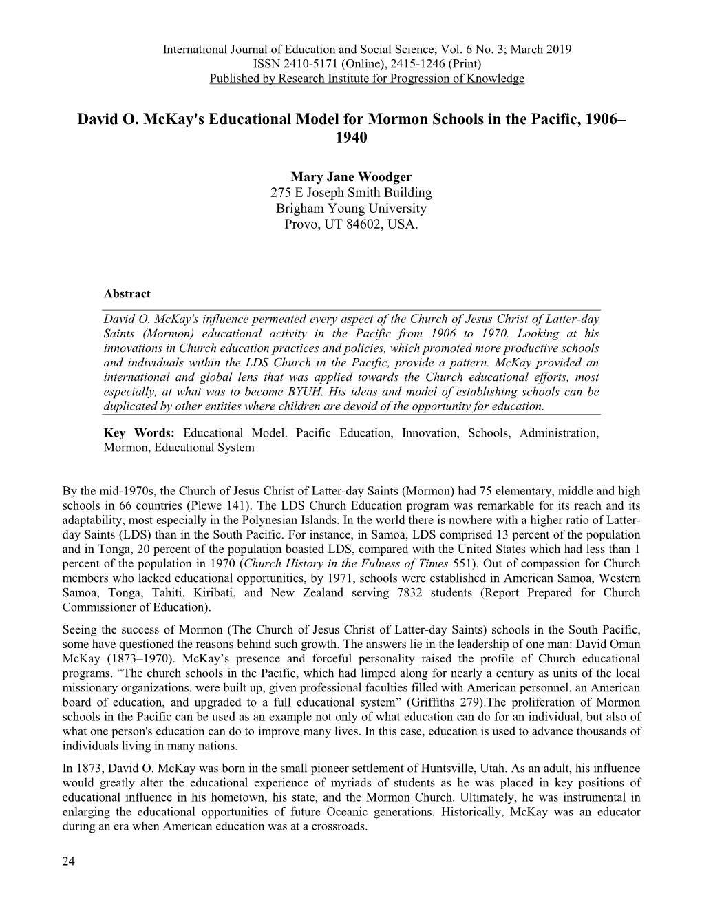 David O. Mckay's Educational Model for Mormon Schools in the Pacific, 1906– 1940