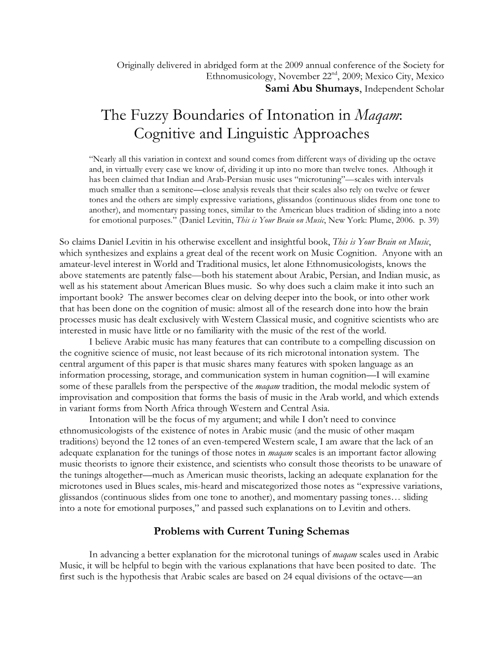 The Fuzzy Boundaries of Intonation in Maqam: Cognitive and Linguistic Approaches