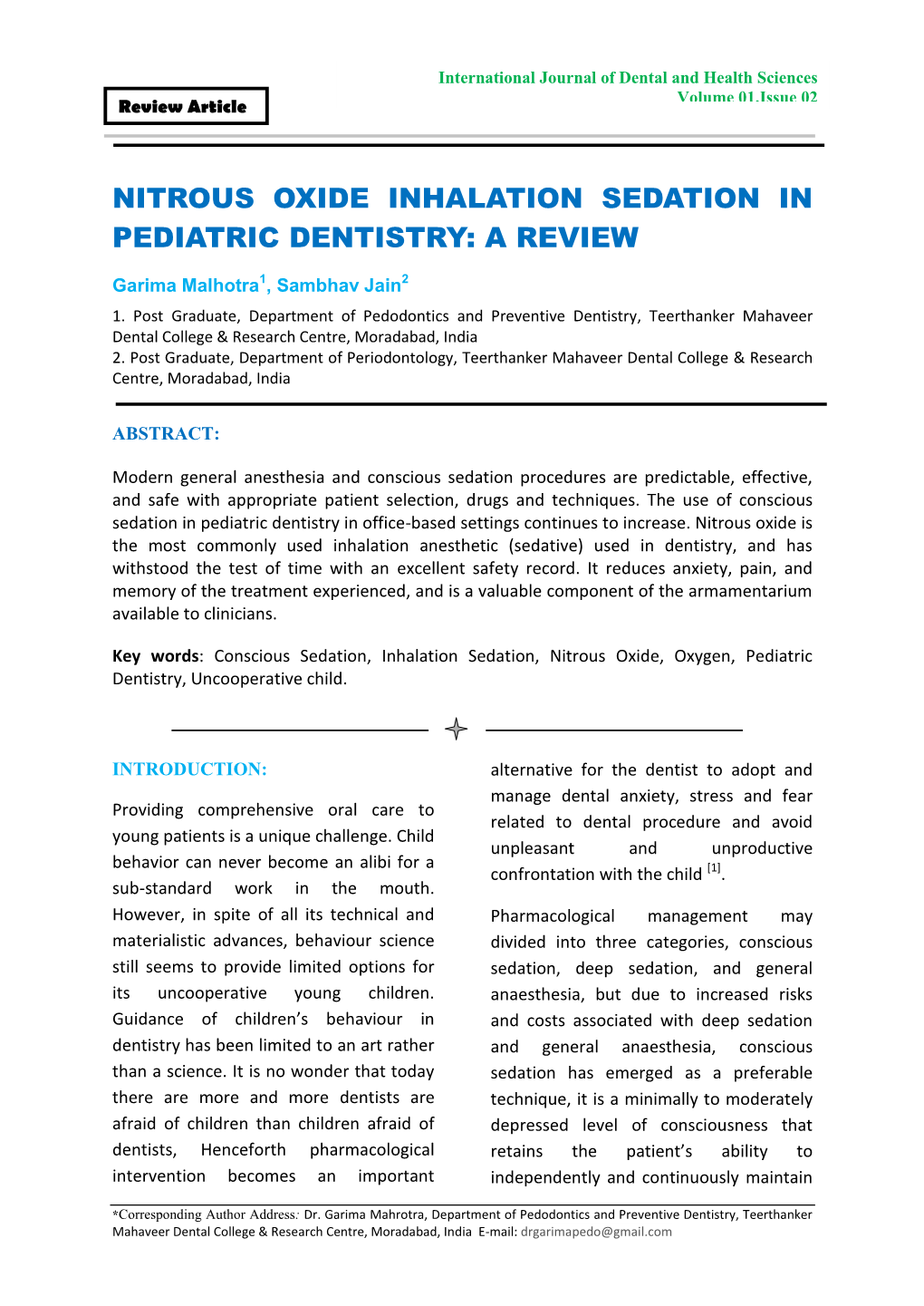 Nitrous Oxide Inhalation Sedation in Pediatric Dentistry: a Review