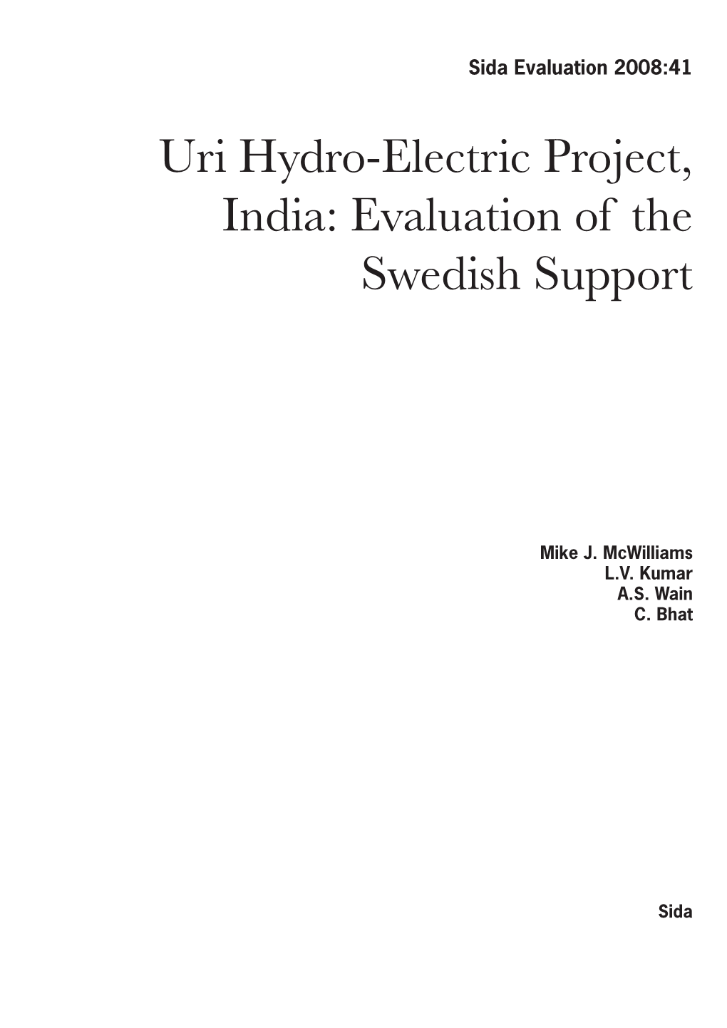 Uri Hydro-Electric Project, India: Evaluation of the Swedish Support