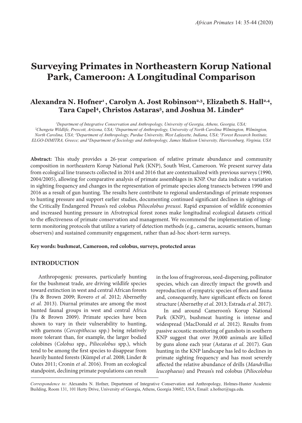 Surveying Primates in Northeastern Korup National Park, Cameroon: a Longitudinal Comparison