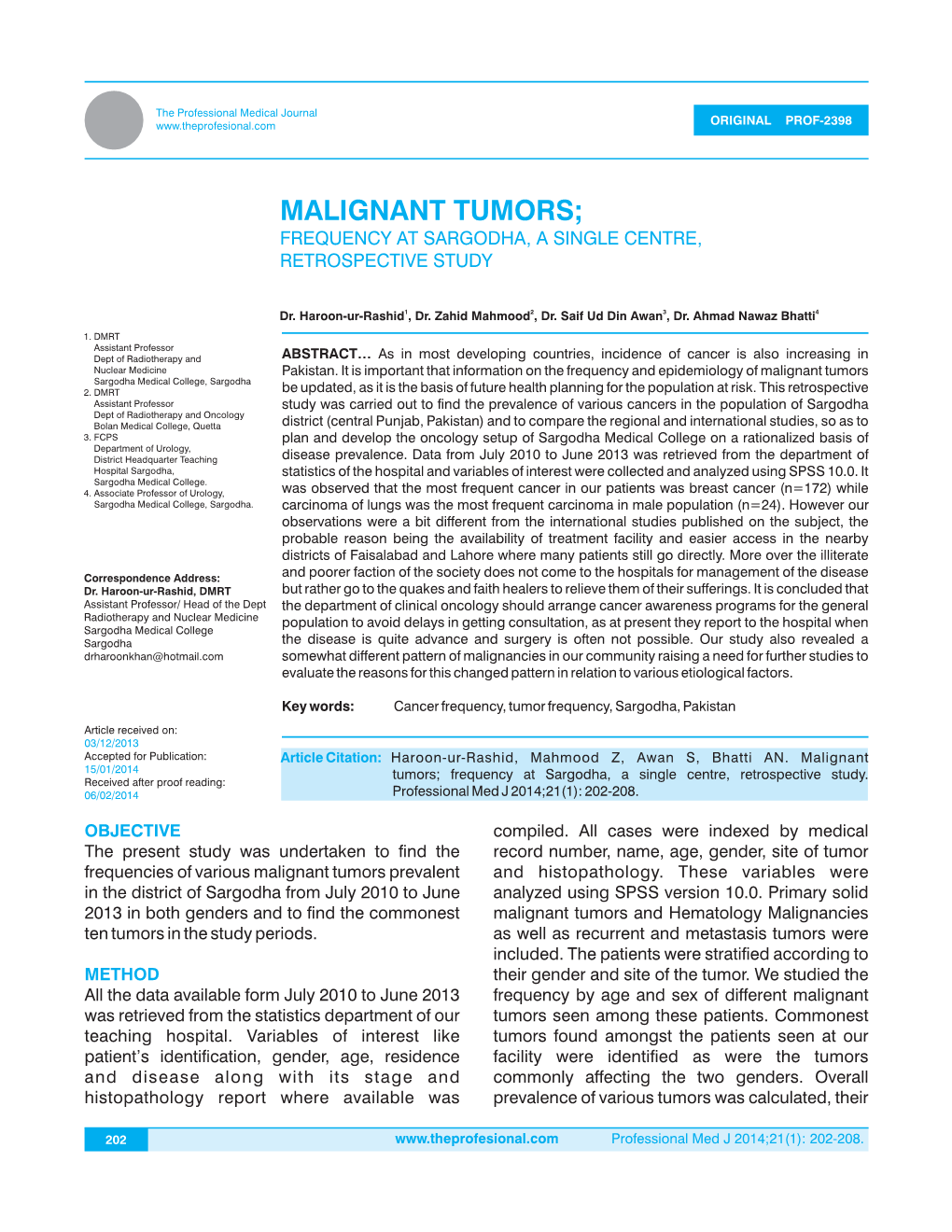 Malignant Tumors; Frequency at Sargodha, a Single Centre, Retrospective Study