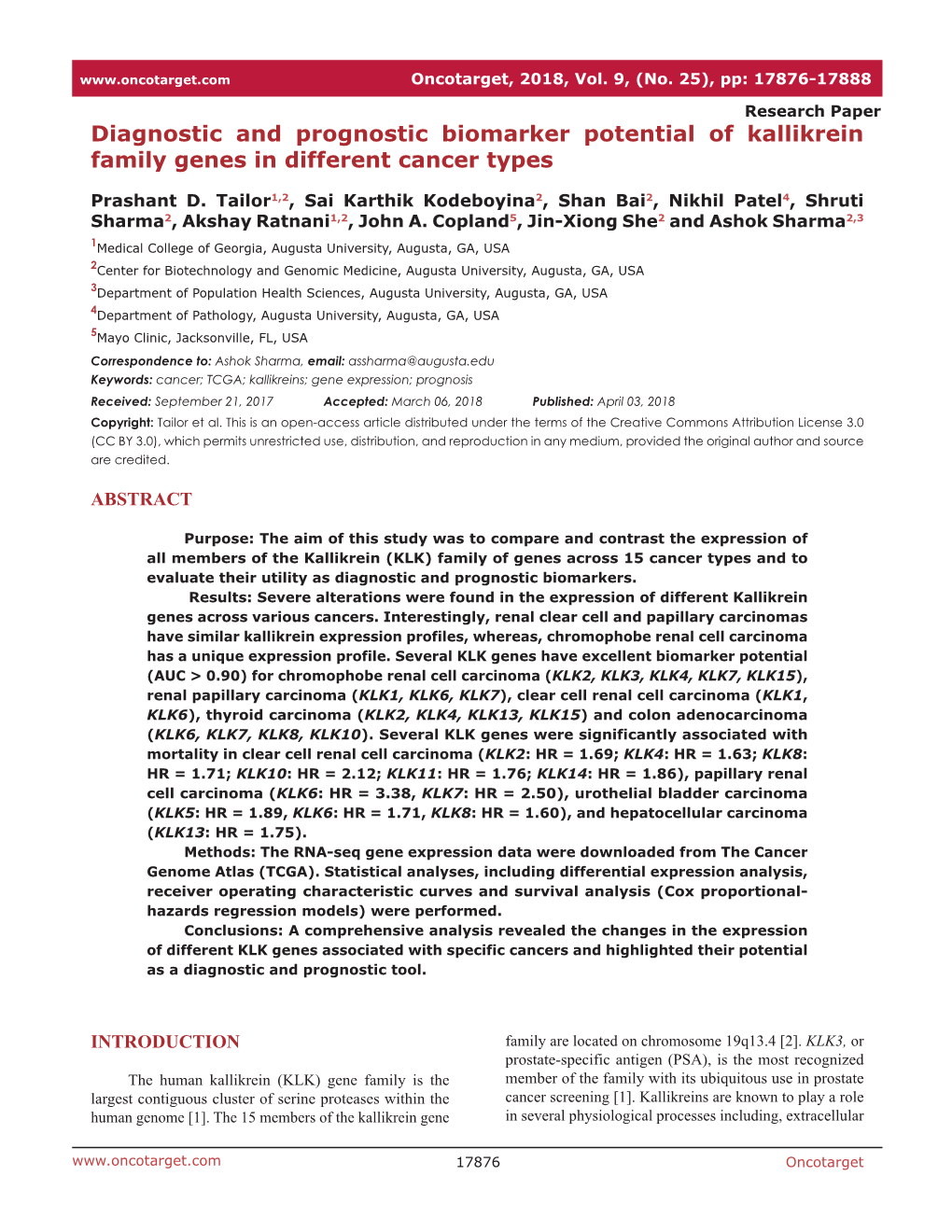 Diagnostic and Prognostic Biomarker Potential of Kallikrein Family Genes in Different Cancer Types