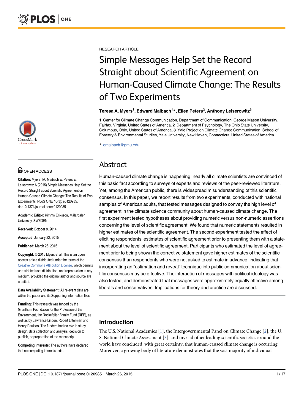 Simple Messages Help Set the Record Straight About Scientific Agreement on Human-Caused Climate Change: the Results of Two Experiments