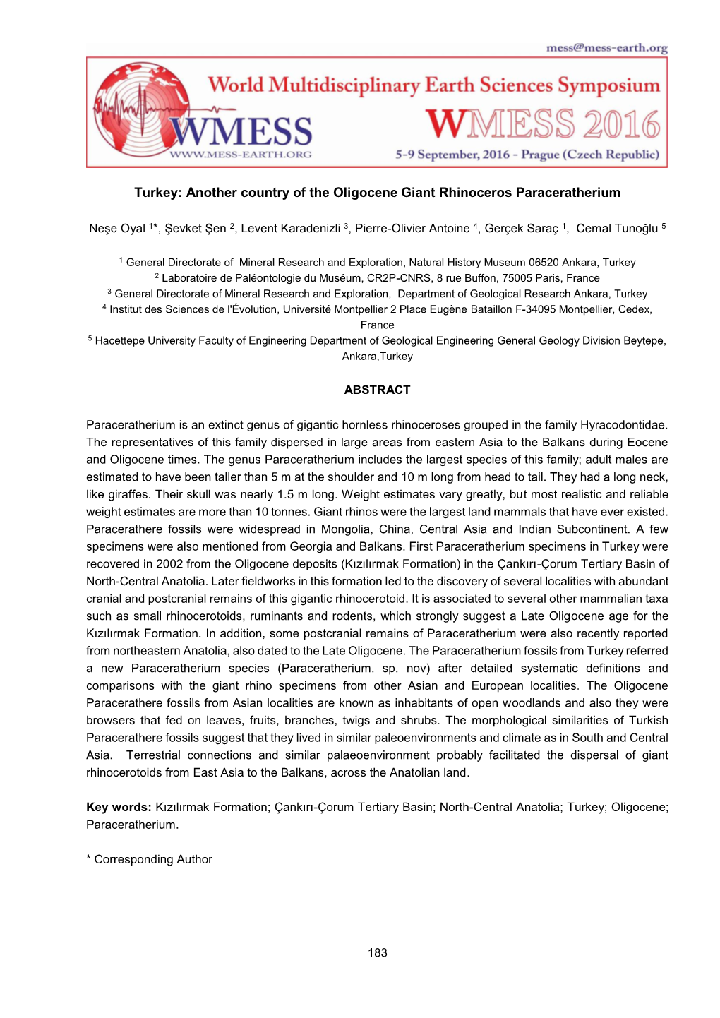 Turkey: Another Country of the Oligocene Giant Rhinoceros Paraceratherium