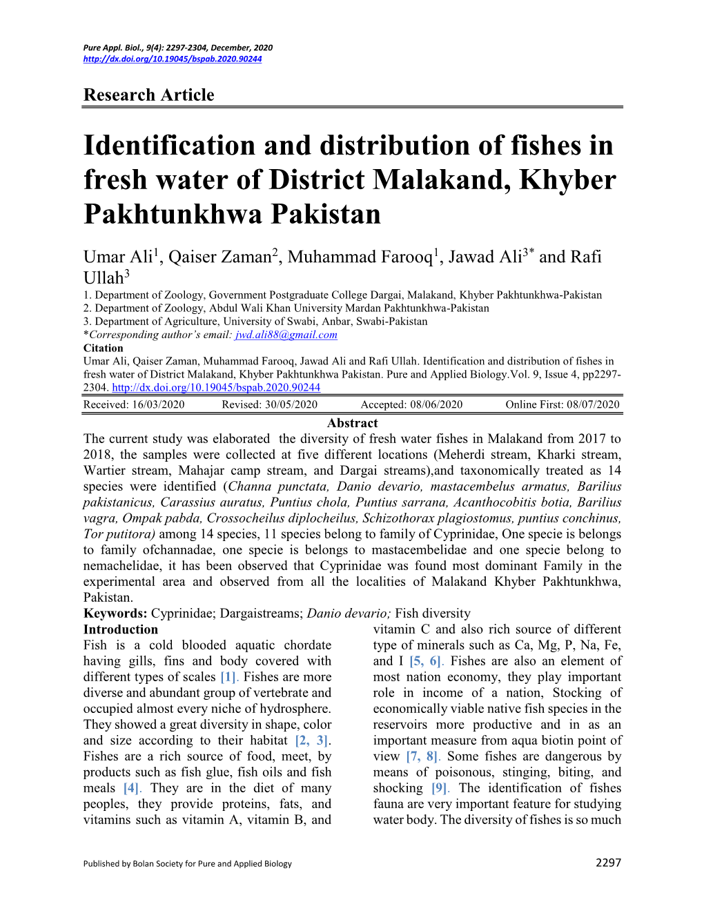 Identification and Distribution of Fishes in Fresh Water of District Malakand, Khyber Pakhtunkhwa Pakistan