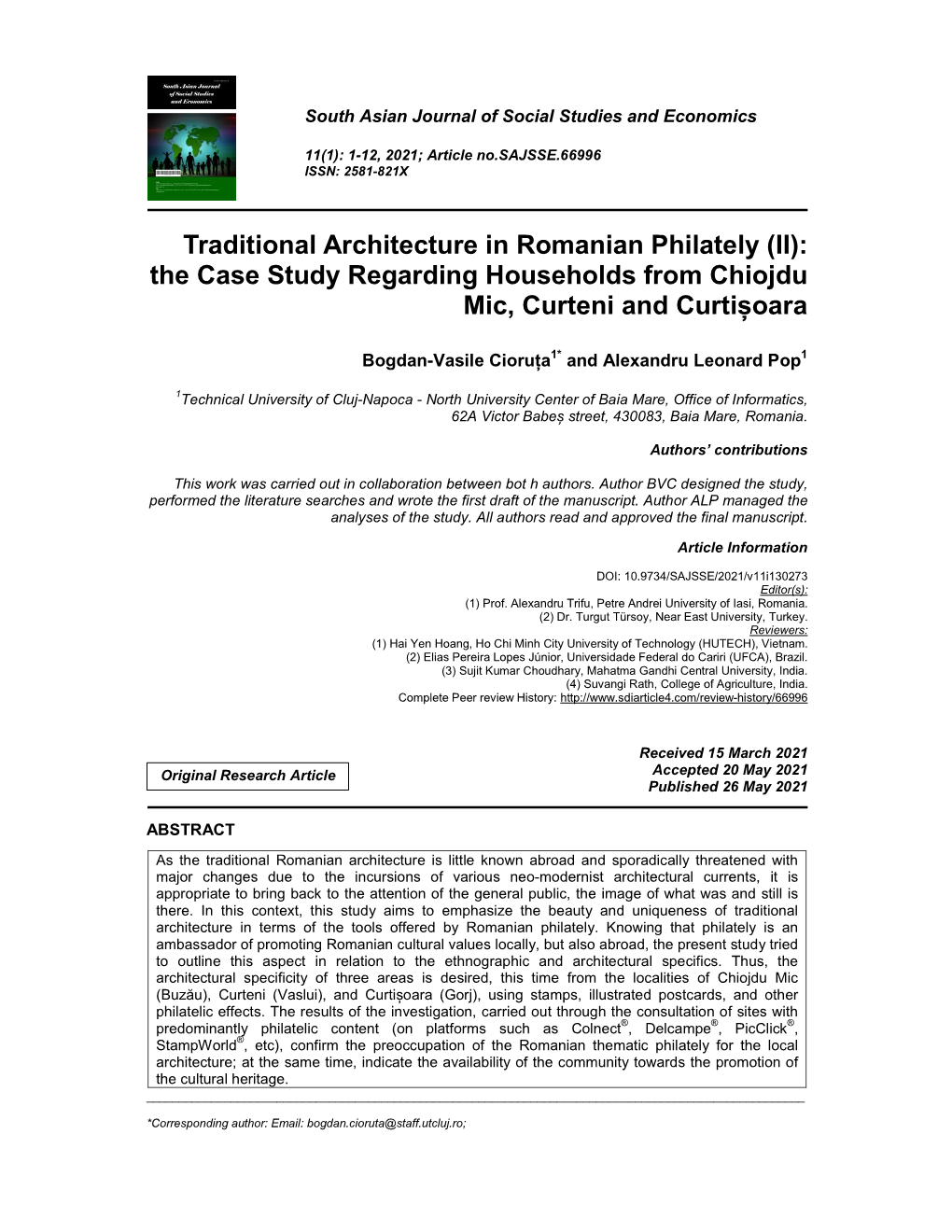 Traditional Architecture in Romanian Philately (II): the Case Study Regarding Households from Chiojdu Mic, Curteni and Curtișoara