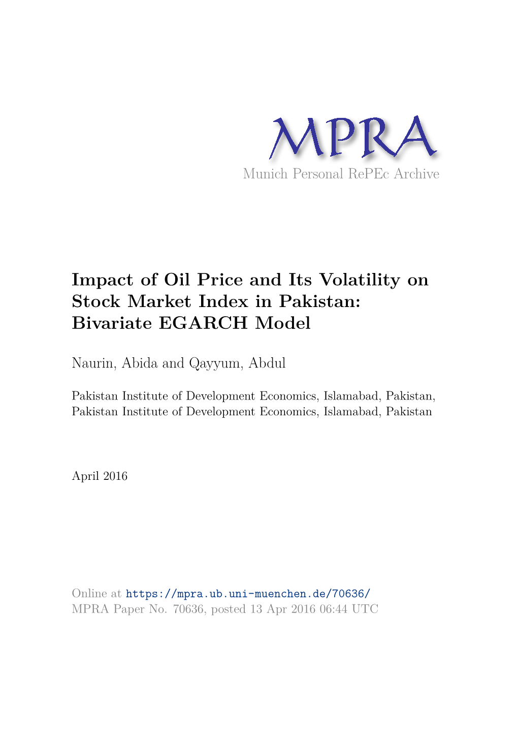 Impact of Oil Price and Its Volatility on Stock Market Index in Pakistan: Bivariate EGARCH Model