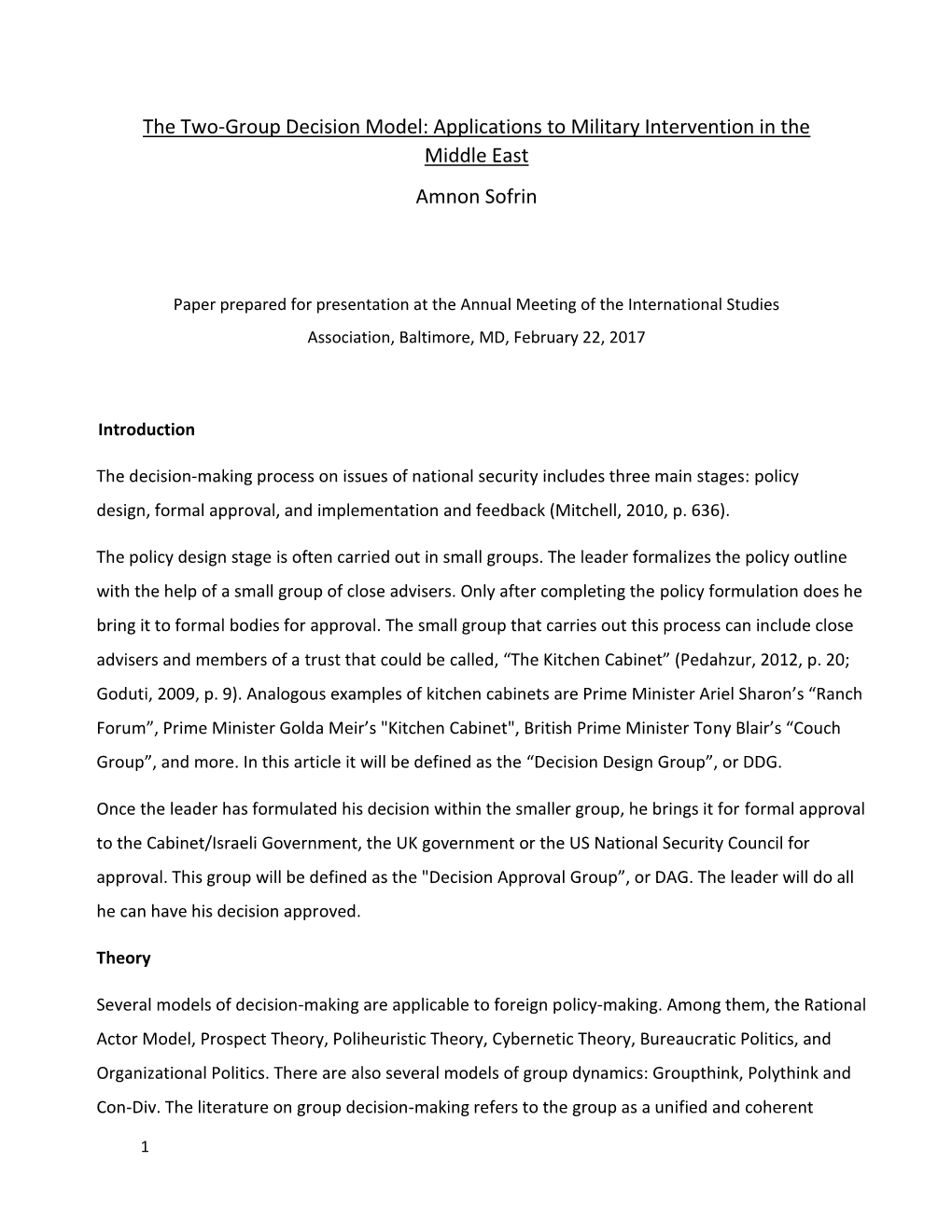 The Two-Group Decision Model: Applications to Military Intervention in the Middle East Amnon Sofrin