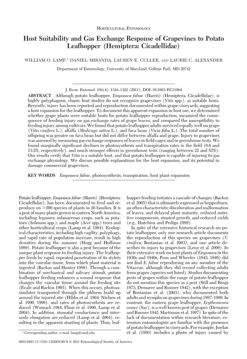 Host Suitability and Gas Exchange Response of Grapevines to Potato Leafhopper (Hemiptera: Cicadellidae)