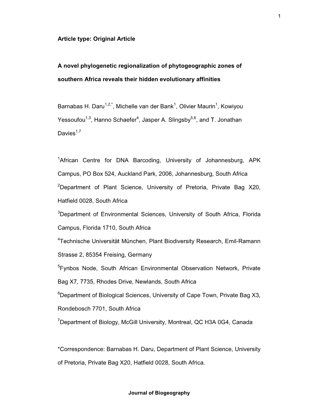 Original Article a Novel Phylogenetic Regionalization of Phytogeographic