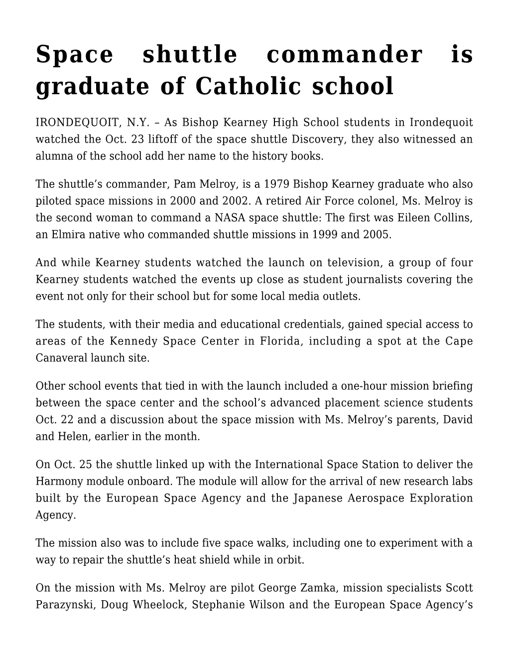 Space Shuttle Commander Is Graduate of Catholic School