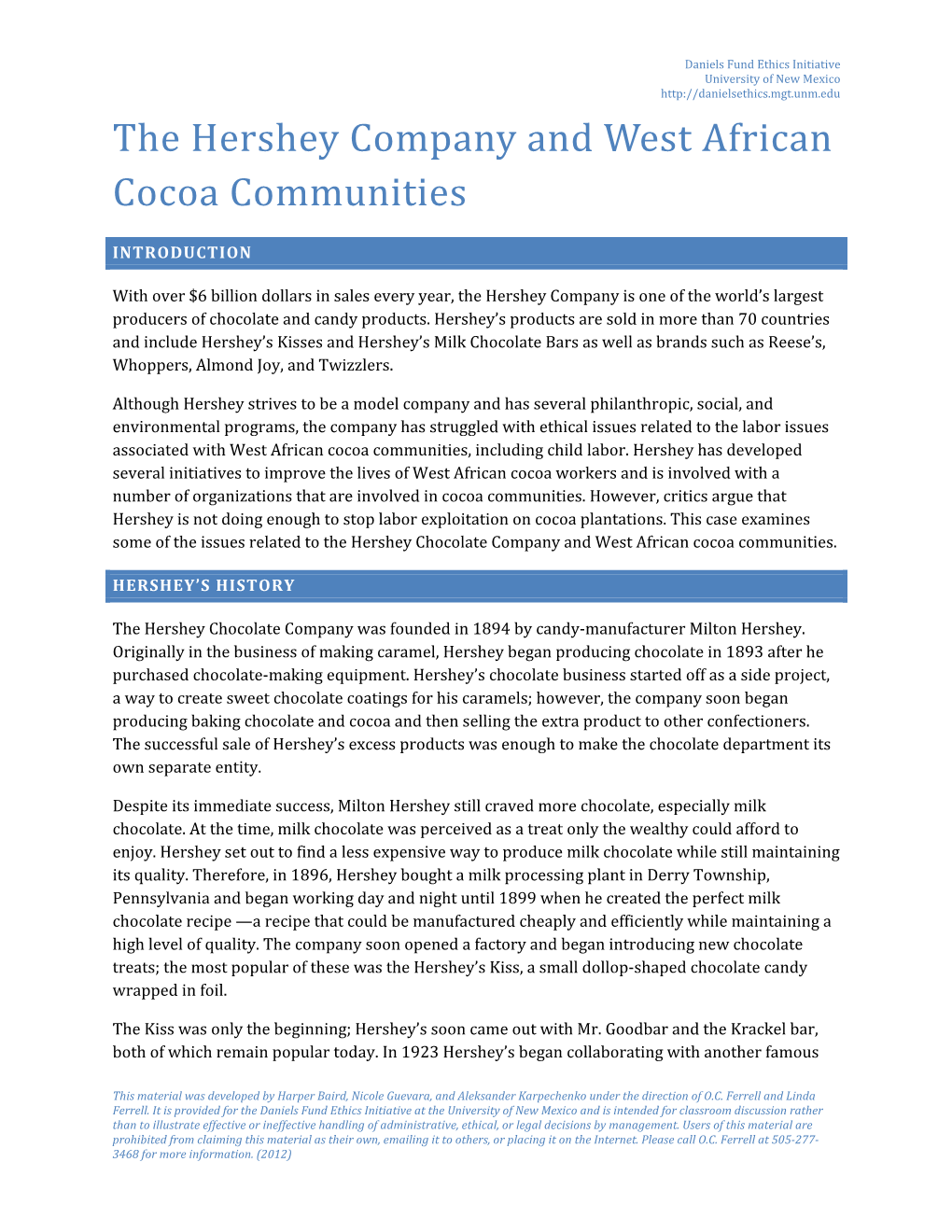 The Hershey Company and West African Cocoa Communities