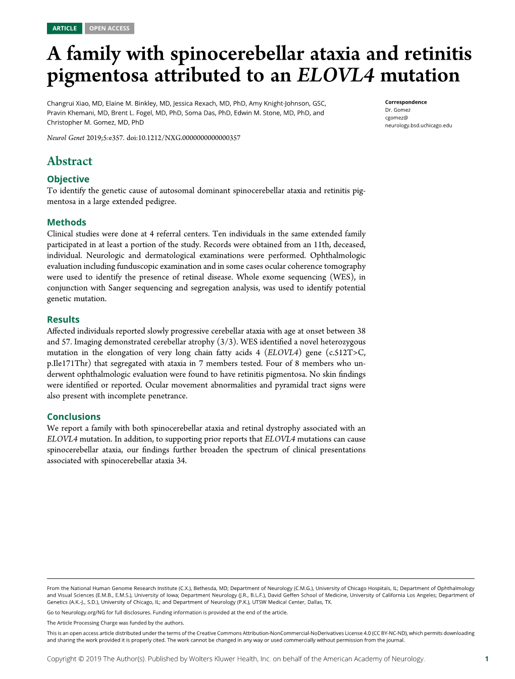 A Family with Spinocerebellar Ataxia and Retinitis Pigmentosa Attributed to an ELOVL4 Mutation