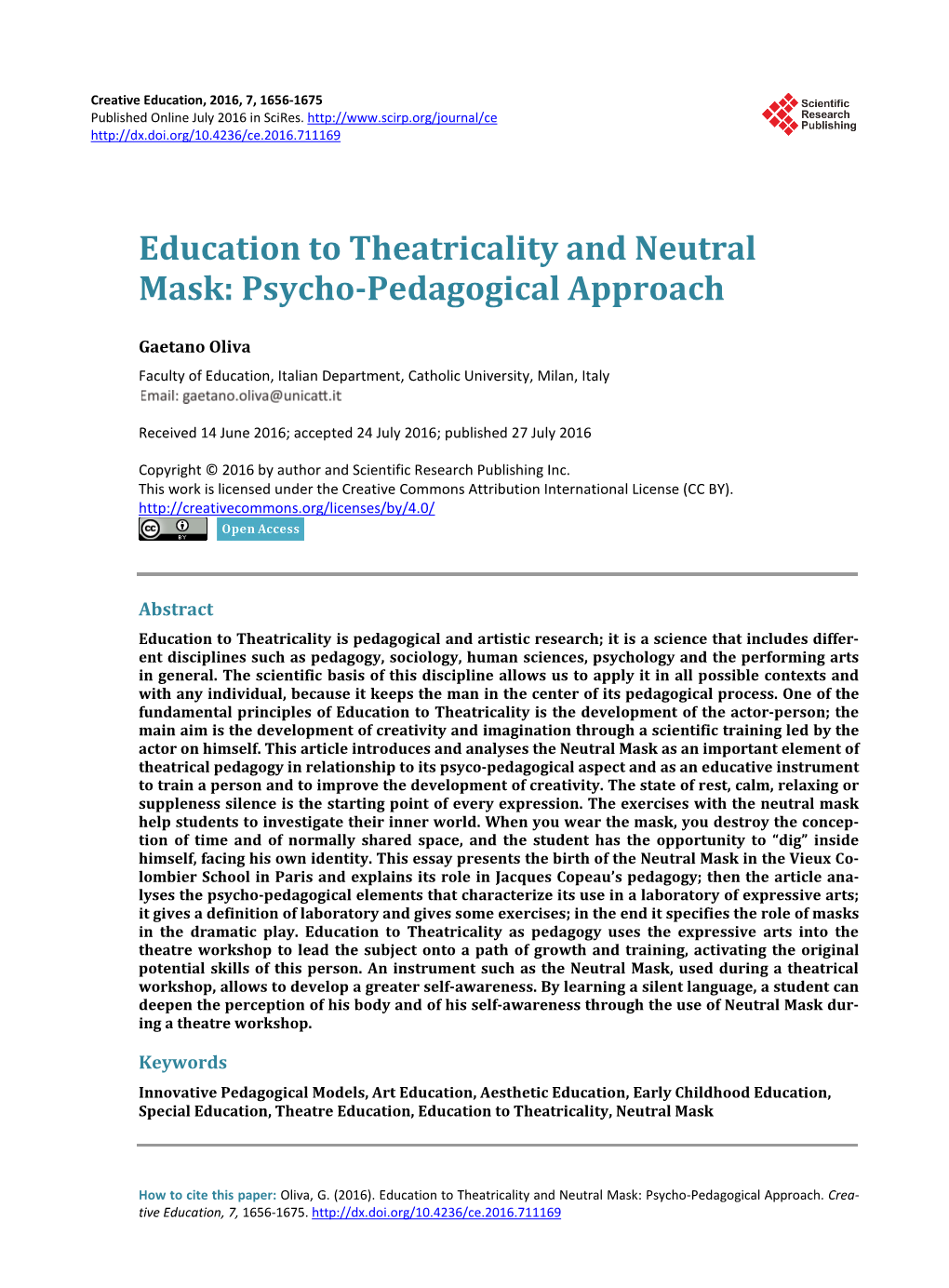 Education to Theatricality and Neutral Mask: Psycho-Pedagogical Approach