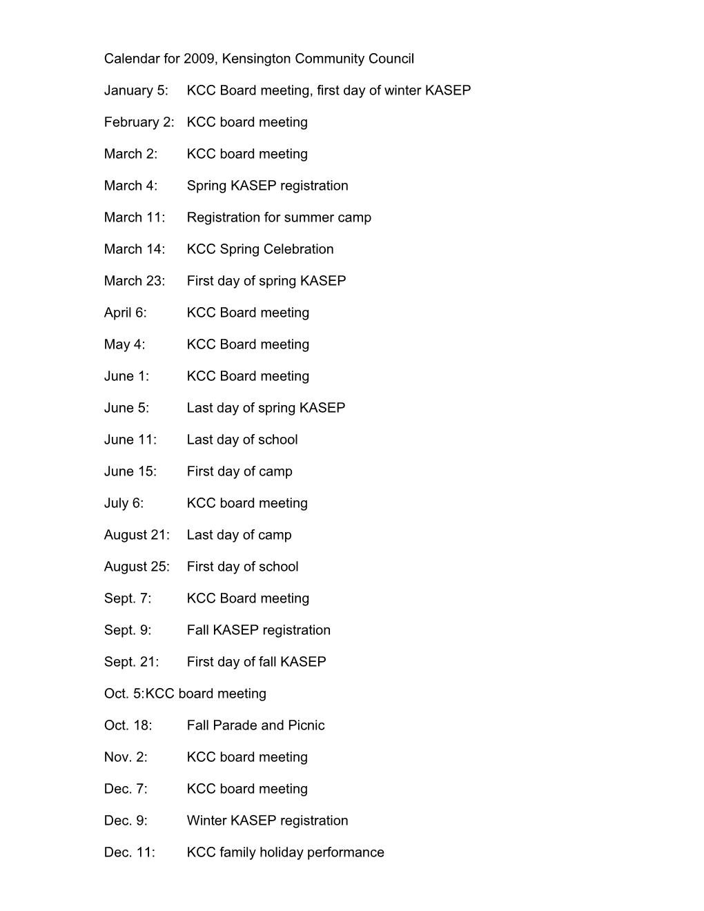 Tentative Calendar for 2008