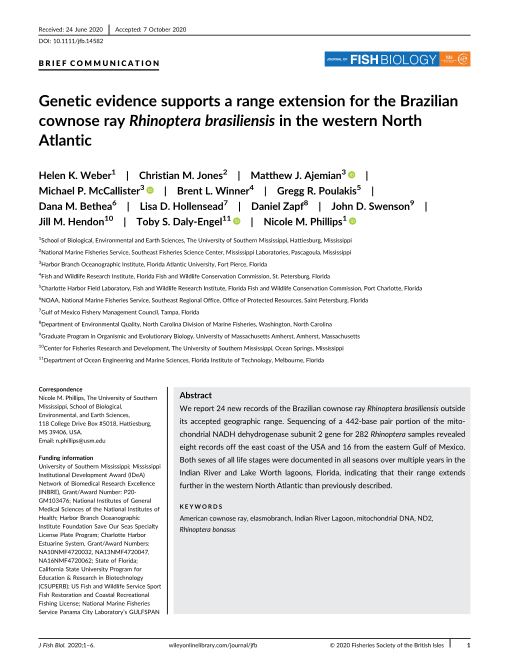 Genetic Evidence Supports a Range Extension for the Brazilian Cownose Ray Rhinoptera Brasiliensis in the Western North Atlantic