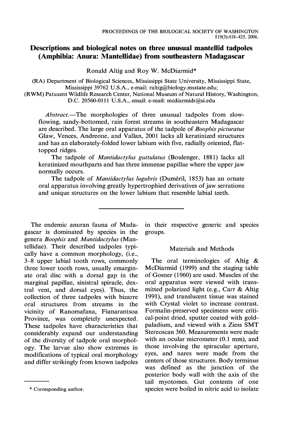 Descriptions and Biological Notes on Three Unusual Mantellid Tadpoles (Amphibia: Anura: Mantellidae) from Southeastern Madagascar