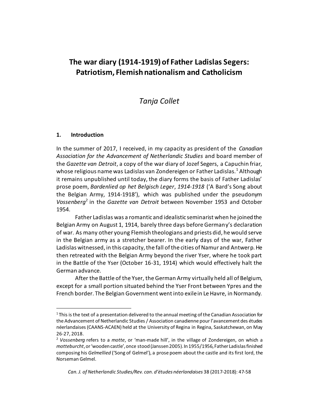 Pp. 47-58 Tanja Collet: the War Diary (1914-1919) of Father Ladislas Segers