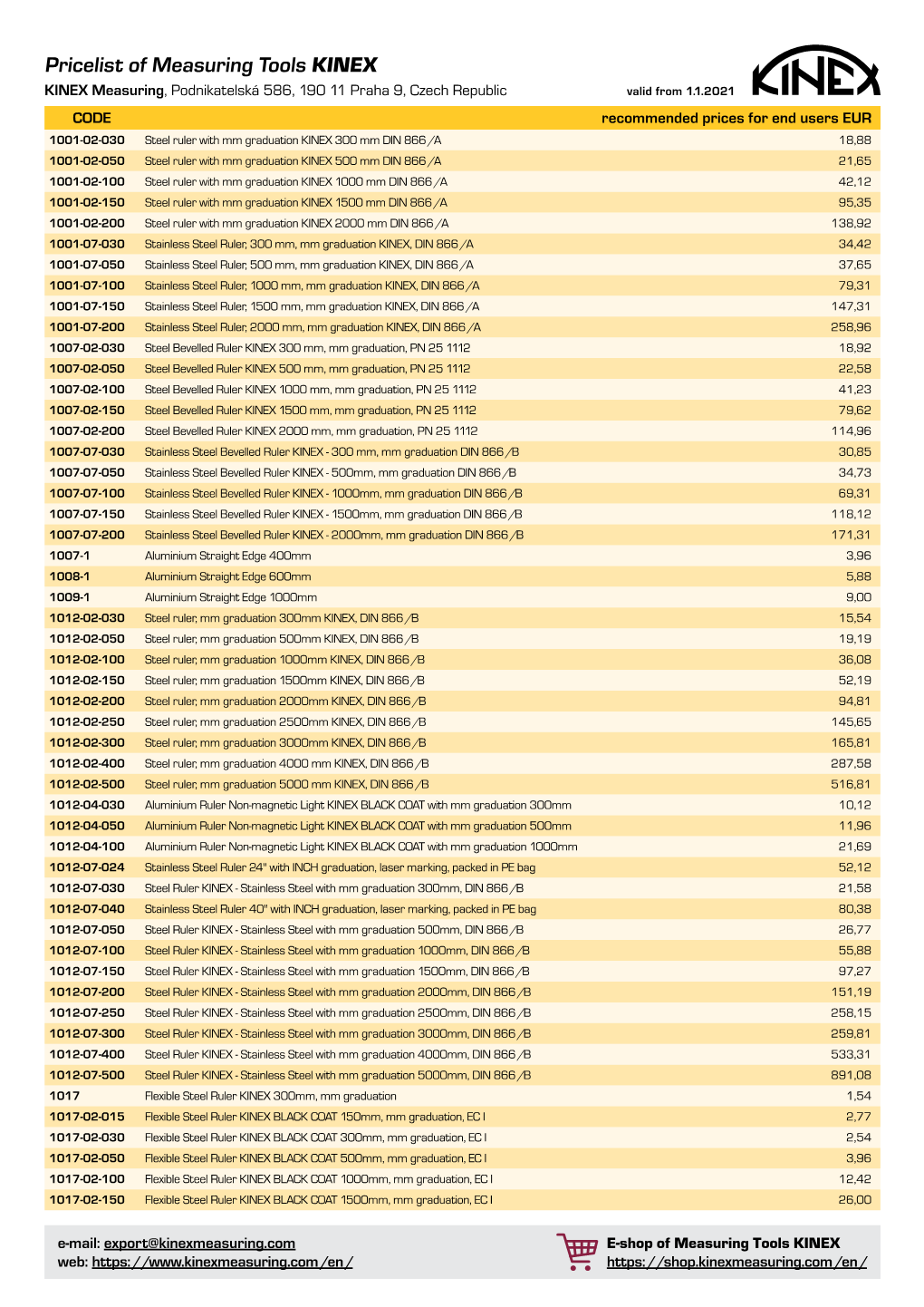 Pricelist KINEX 01.01.2021