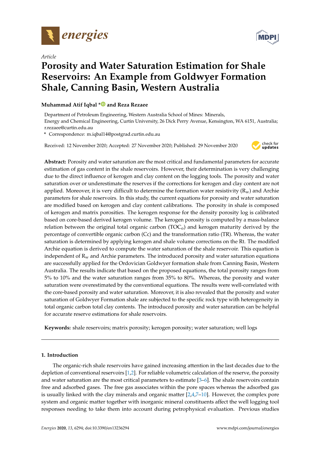 Porosity and Water Saturation Estimation for Shale Reservoirs: an Example from Goldwyer Formation Shale, Canning Basin, Western Australia