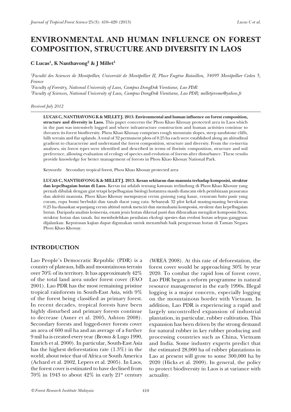 Environmental and Human Influence on Forest Composition, Structure and Diversity in Laos