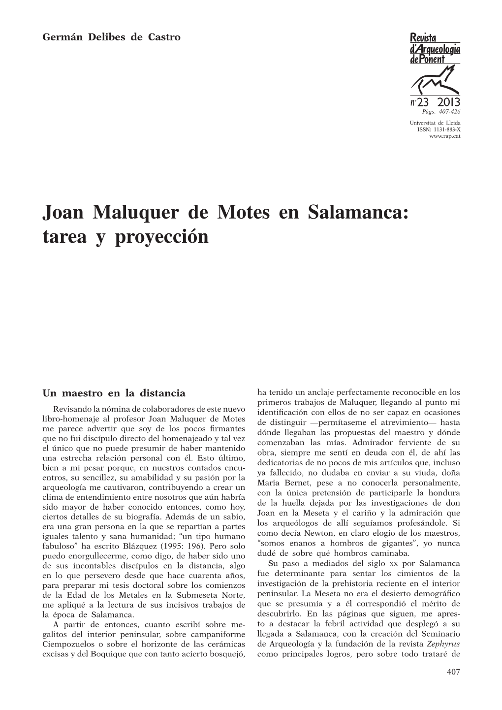Joan Maluquer De Motes En Salamanca: Tarea Y Proyección