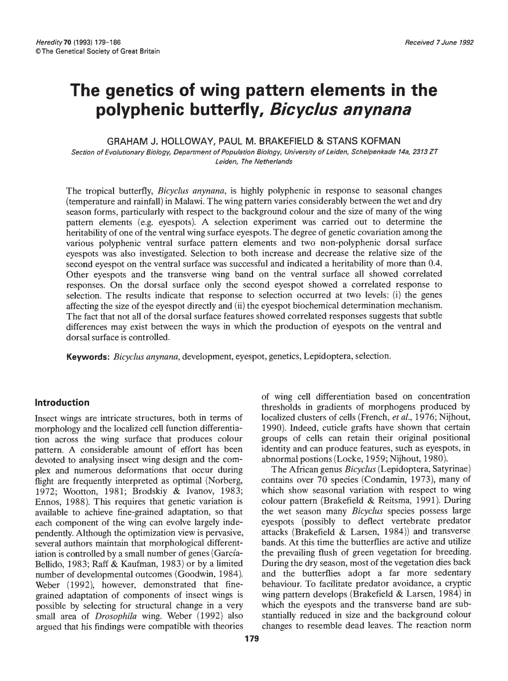 The Genetics of Wing Pattern Elements in the Polyphenic Butterfly, Bicyclus Anynana