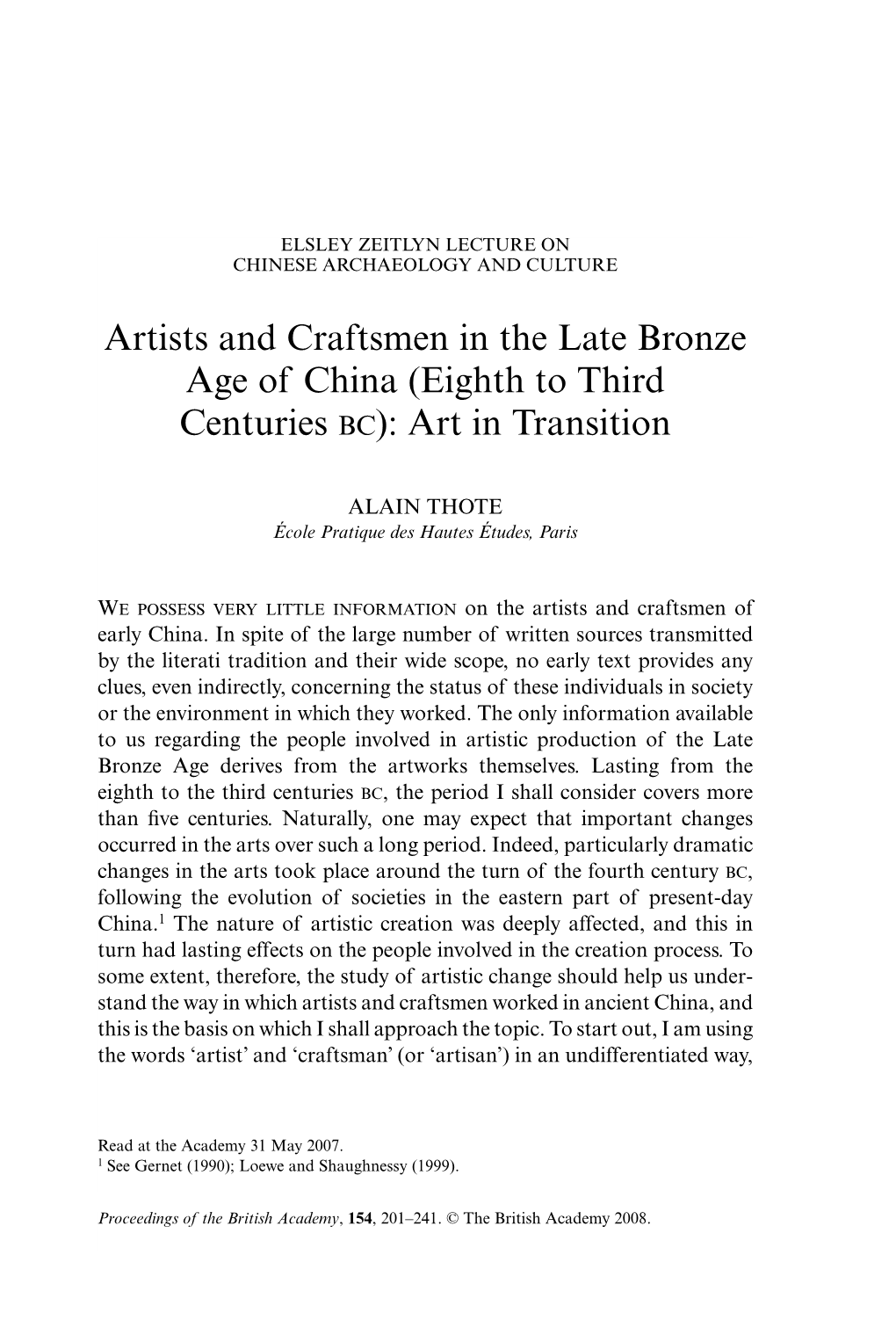 Artists and Craftsmen in the Late Bronze Age of China (Eighth to Third Centuries BC): Art in Transition