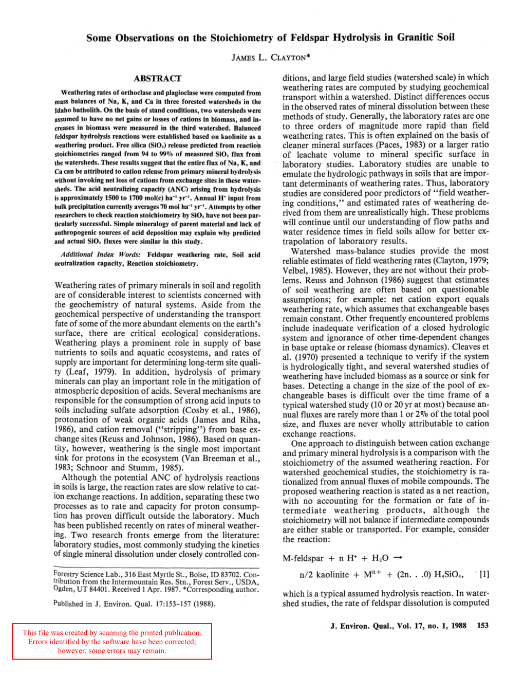 Some Observations on the Stoichiometry of Feldspar Hydrolysis in Granitic Soil