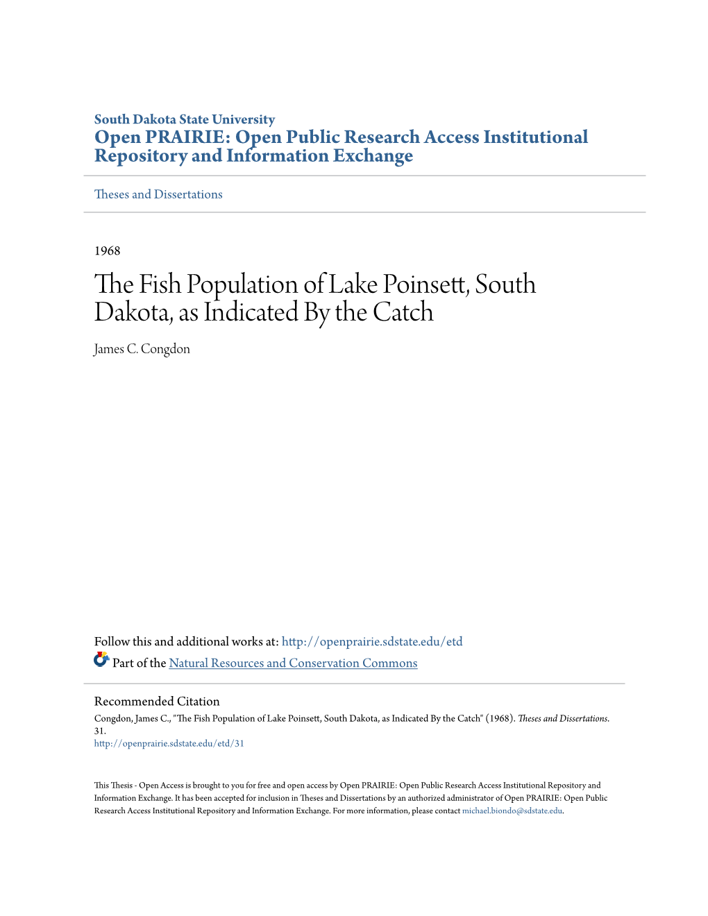 The Fish Population of Lake Poinsett, South Dakota, As Indicated by The