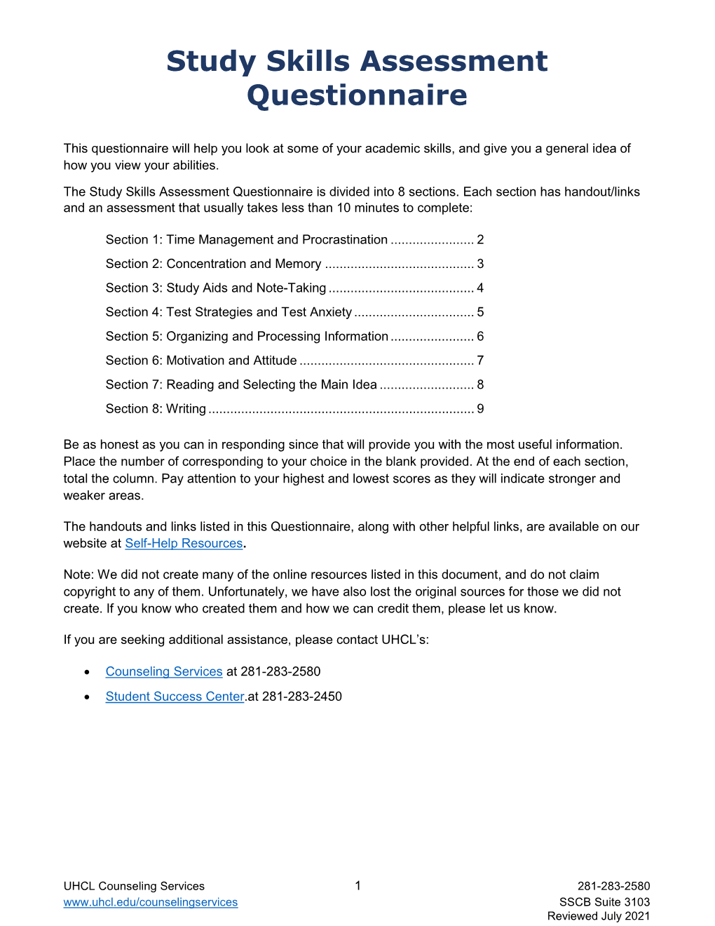 Study Skills Assessment Questionnaire (PDF)