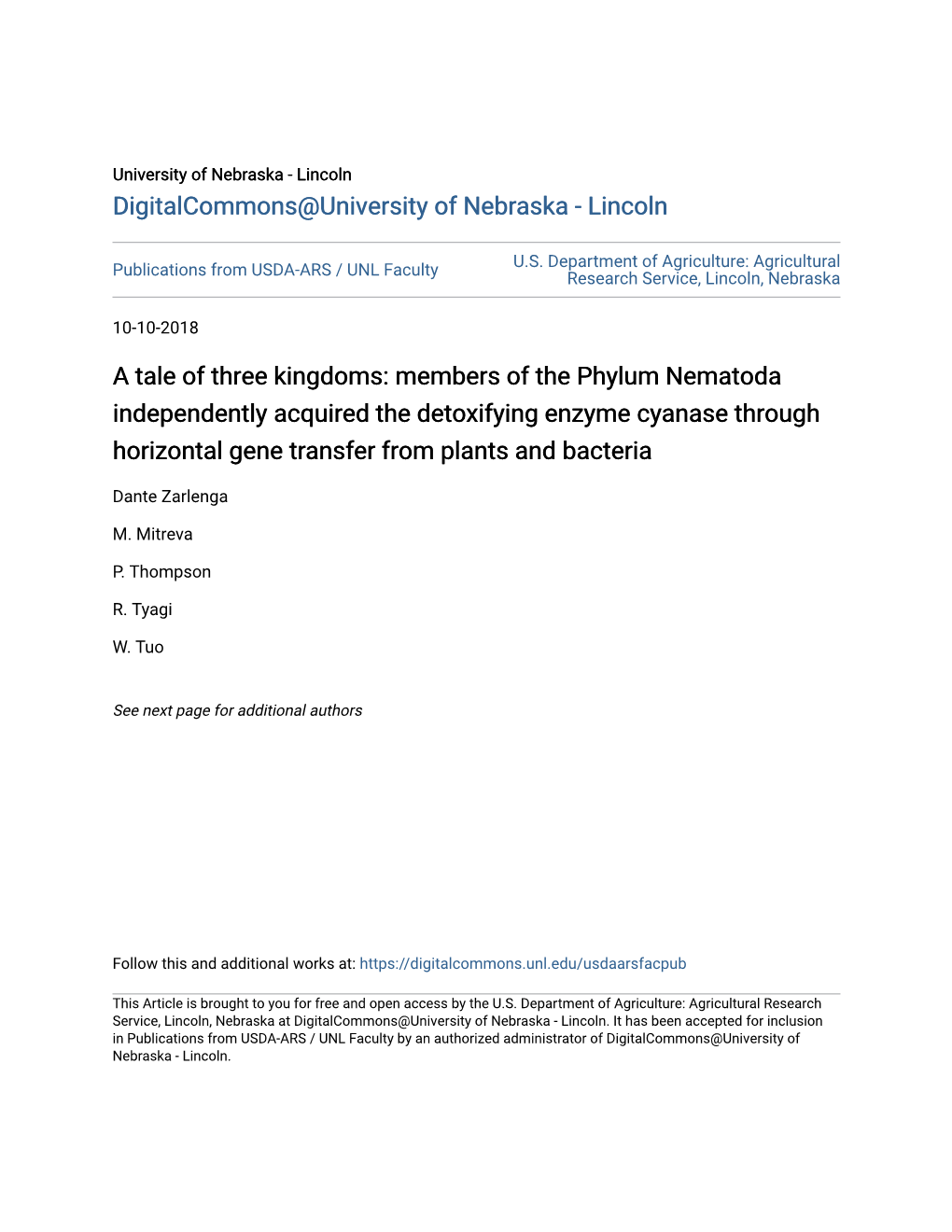Members of the Phylum Nematoda Independently Acquired the Detoxifying Enzyme Cyanase Through Horizontal Gene Transfer from Plants and Bacteria