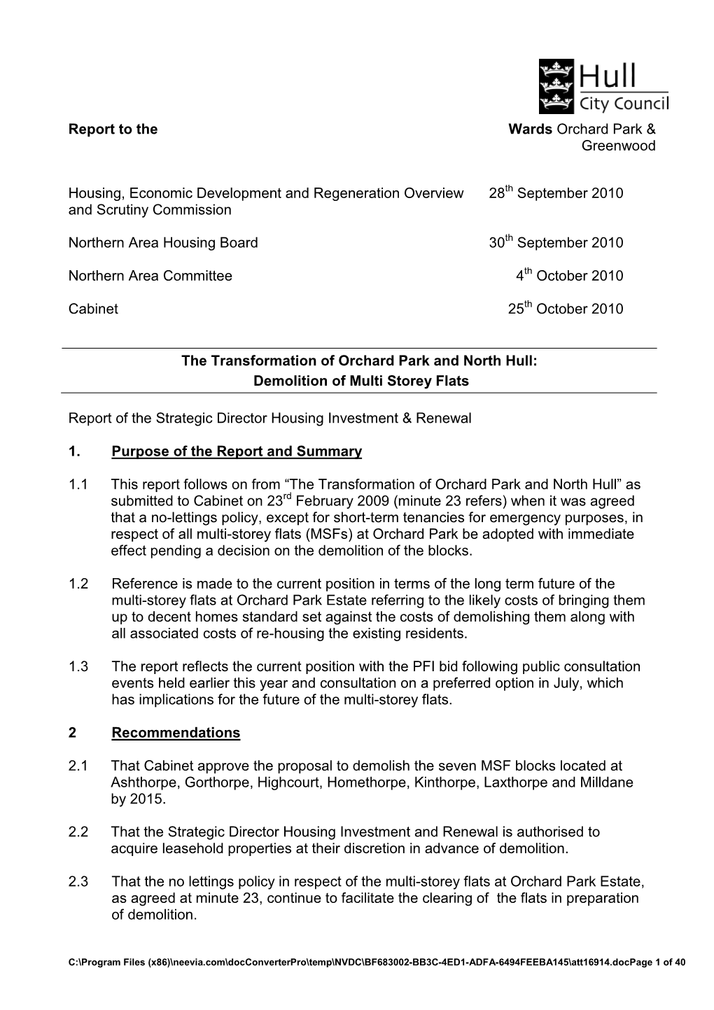 Report to the Wards Orchard Park & Greenwood Housing, Economic