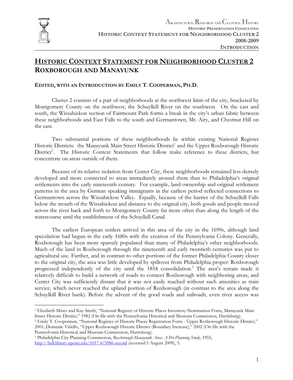 Historic Context Statement for Neighborhood Cluster 2 Roxborough and Manayunk