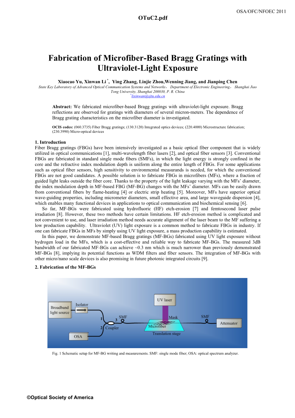 Fabrication of Microfiber-Based Bragg Gratings with Ultraviolet-Light Exposure