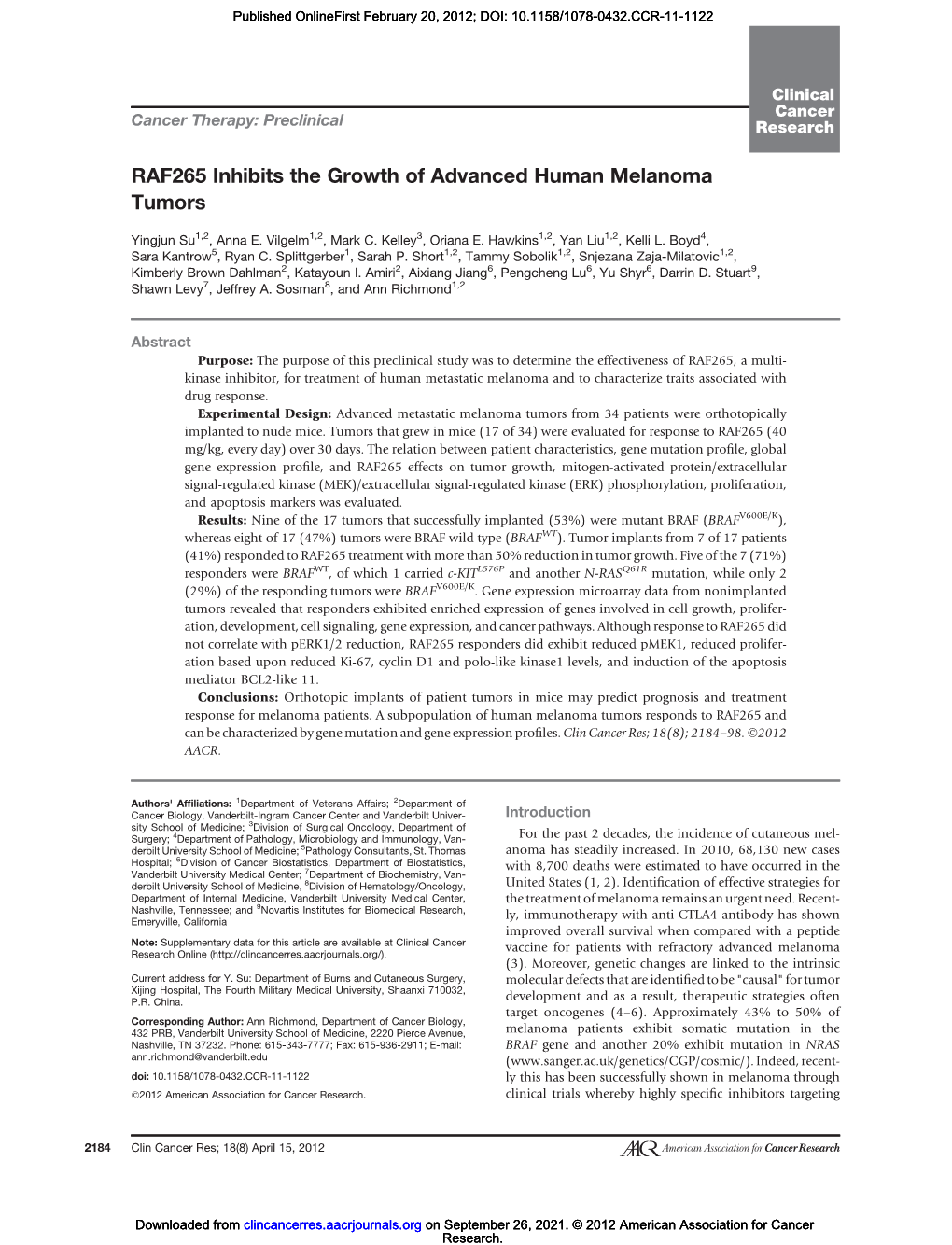 RAF265 Inhibits the Growth of Advanced Human Melanoma Tumors