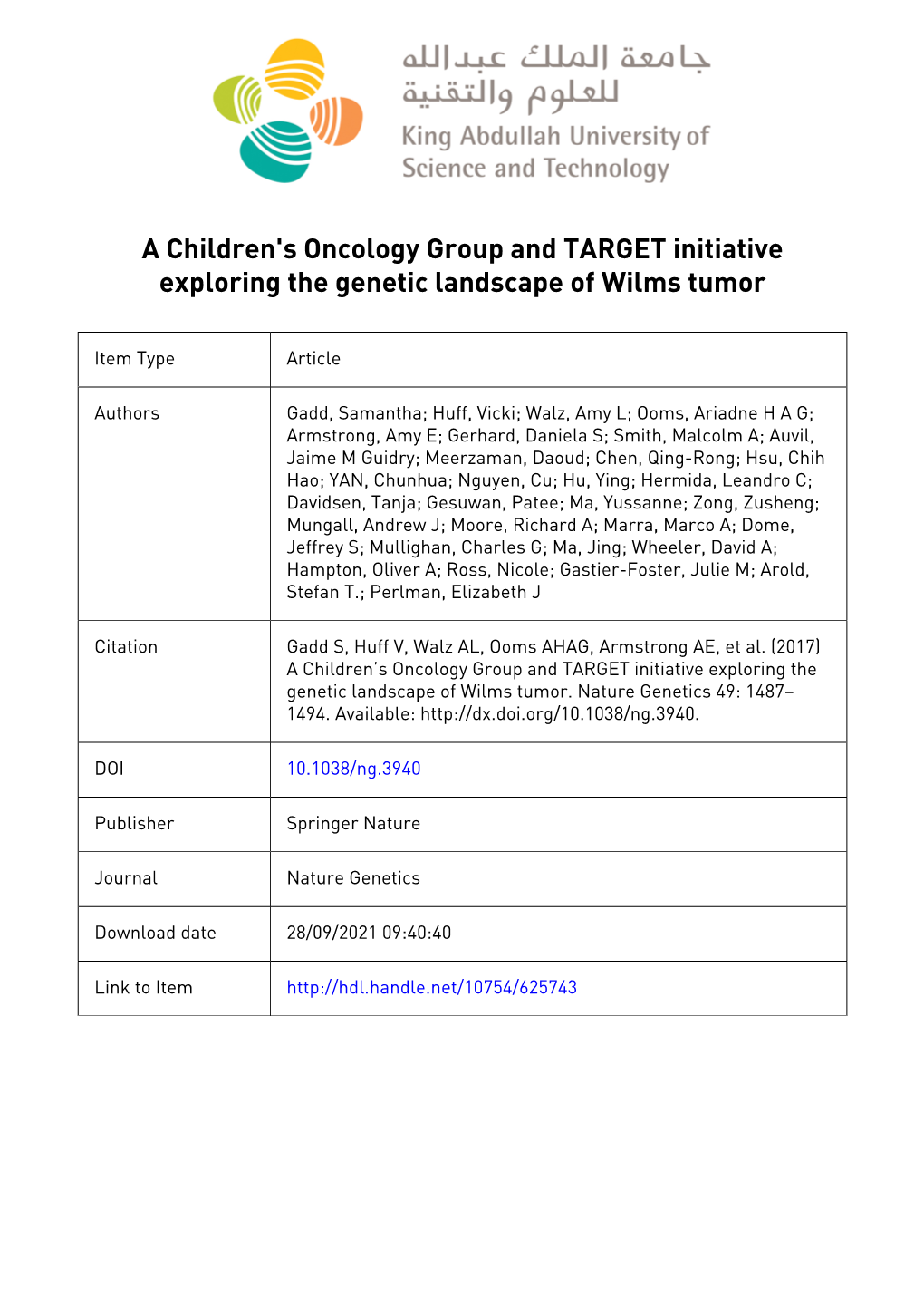 A Children's Oncology Group and TARGET Initiative Exploring the Genetic Landscape of Wilms Tumor
