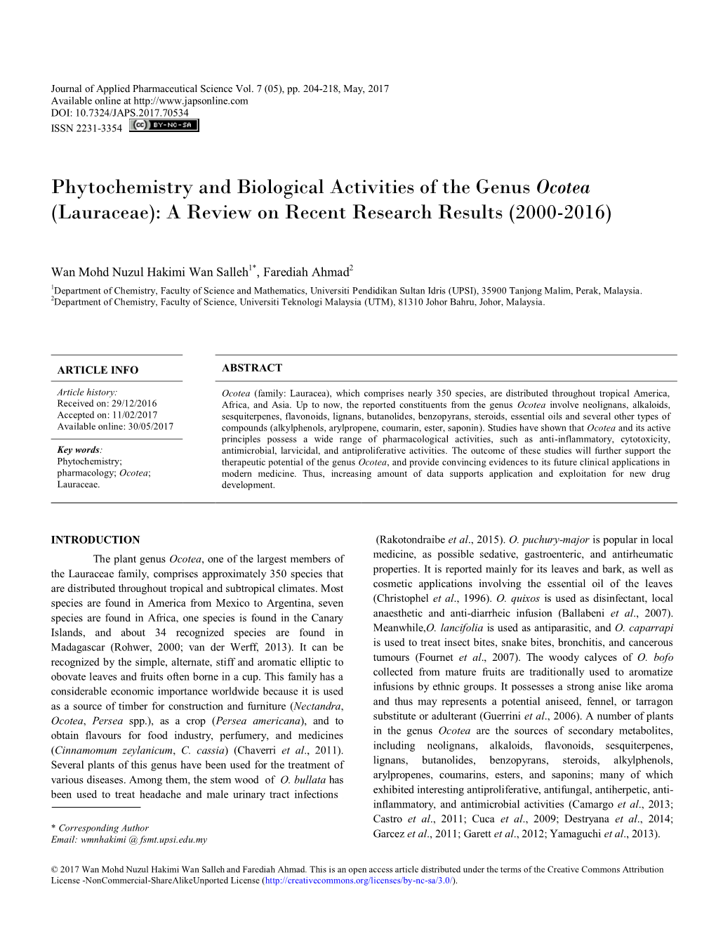 Ocotea (Lauraceae): a Review on Recent Research Results (2000-2016)