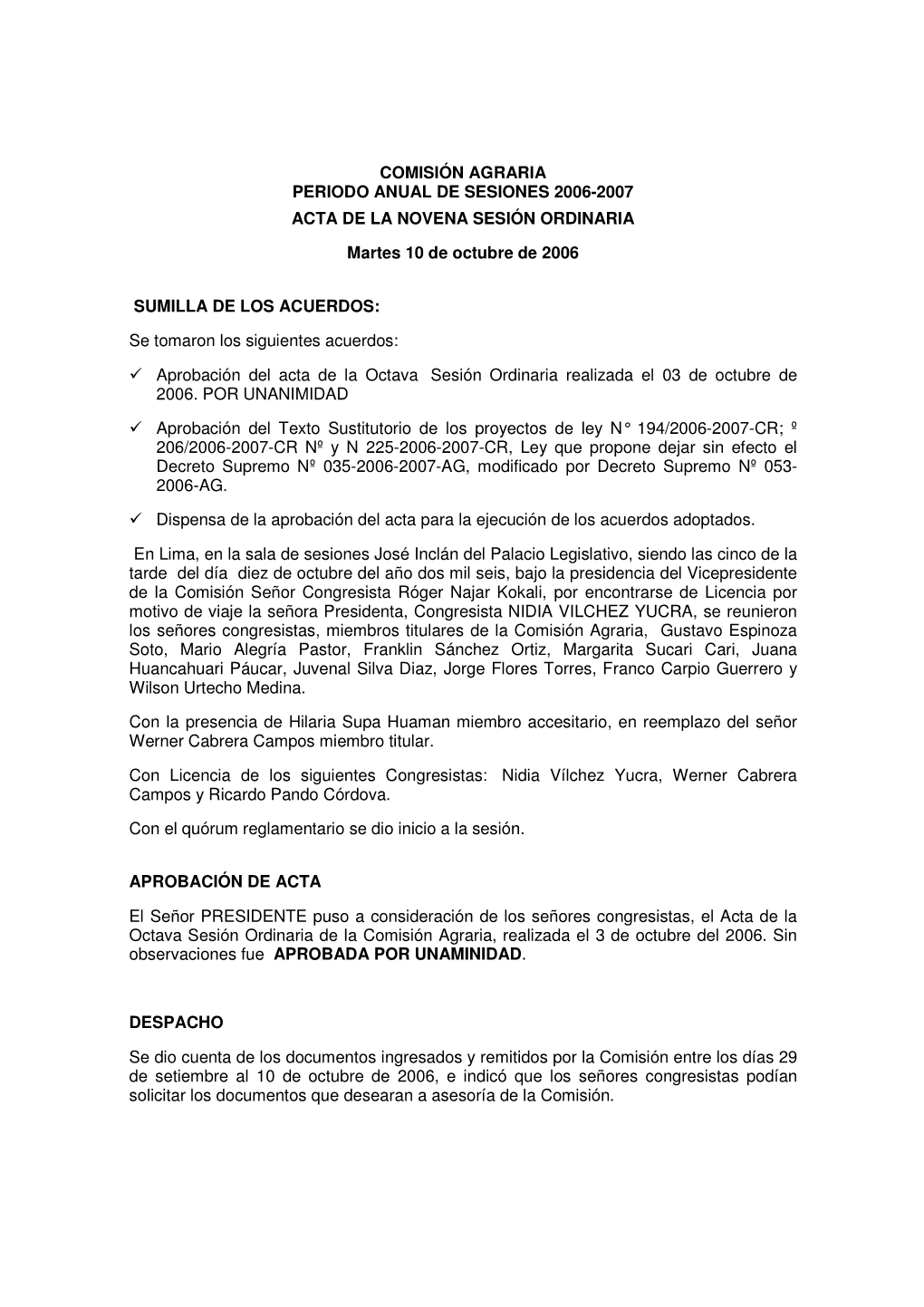 Comisión Agraria Periodo Anual De Sesiones 2006-2007 Acta De La Novena Sesión Ordinaria