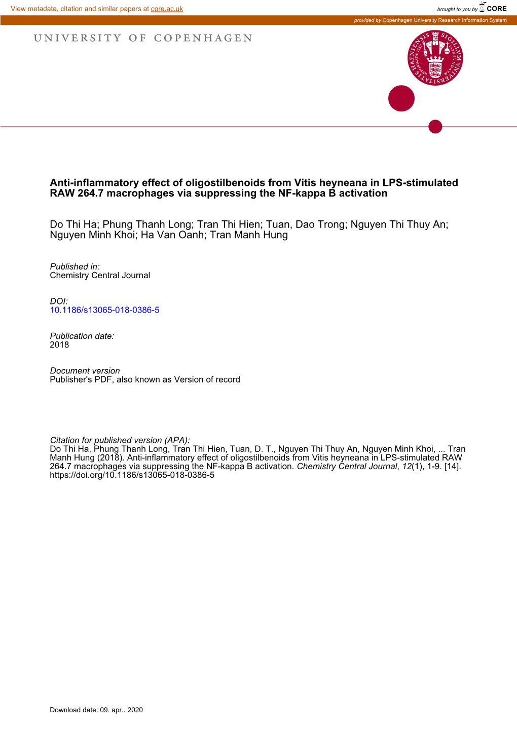 Anti-Inflammatory Effect of Oligostilbenoids from Vitis Heyneana in LPS-Stimulated RAW 264.7 Macrophages Via Suppressing the NF-Kappa B Activation