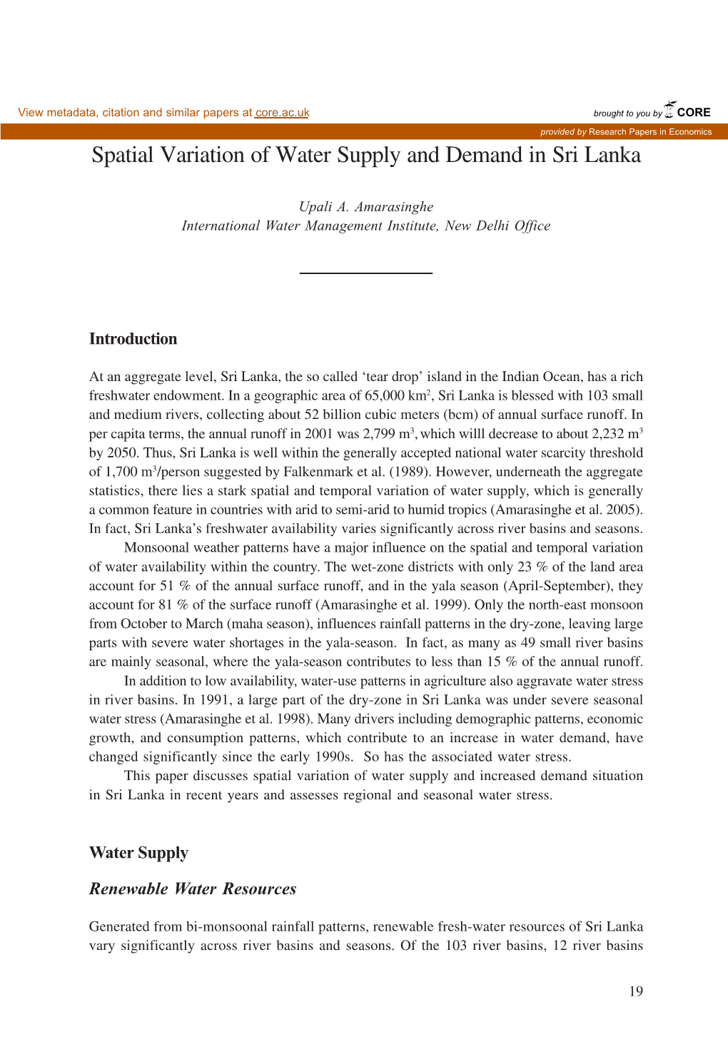 Spatial Variation of Water Supply and Demand in Sri Lanka