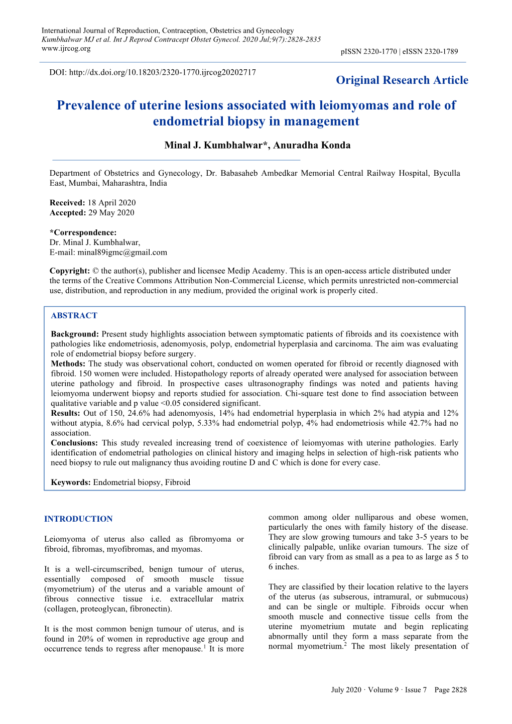 Prevalence of Uterine Lesions Associated with Leiomyomas and Role of Endometrial Biopsy in Management