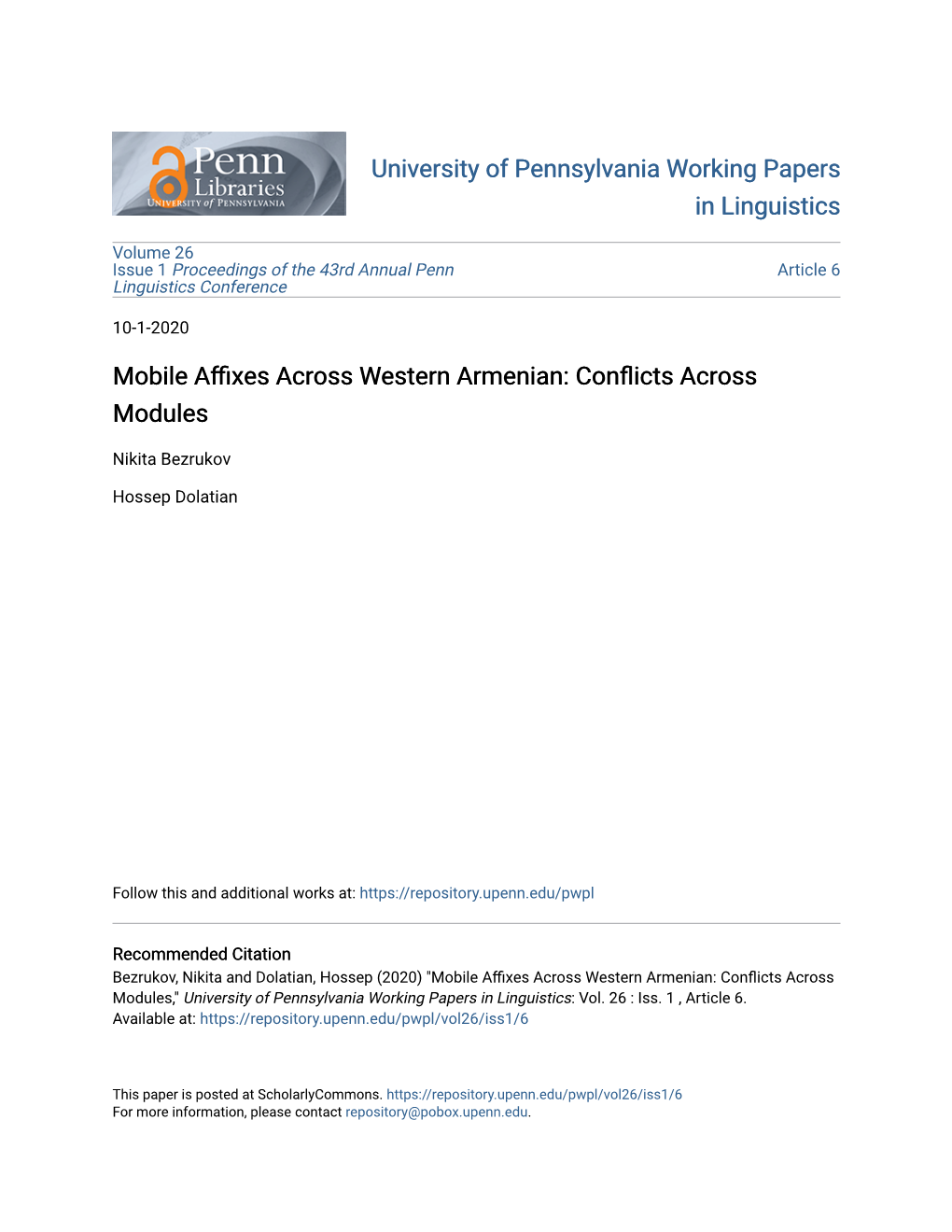 Mobile Affixes Across Western Armenian: Conflicts Across Modules