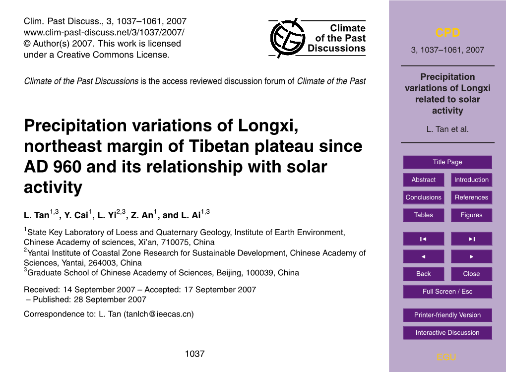 Precipitation Variations of Longxi Related to Solar Activity