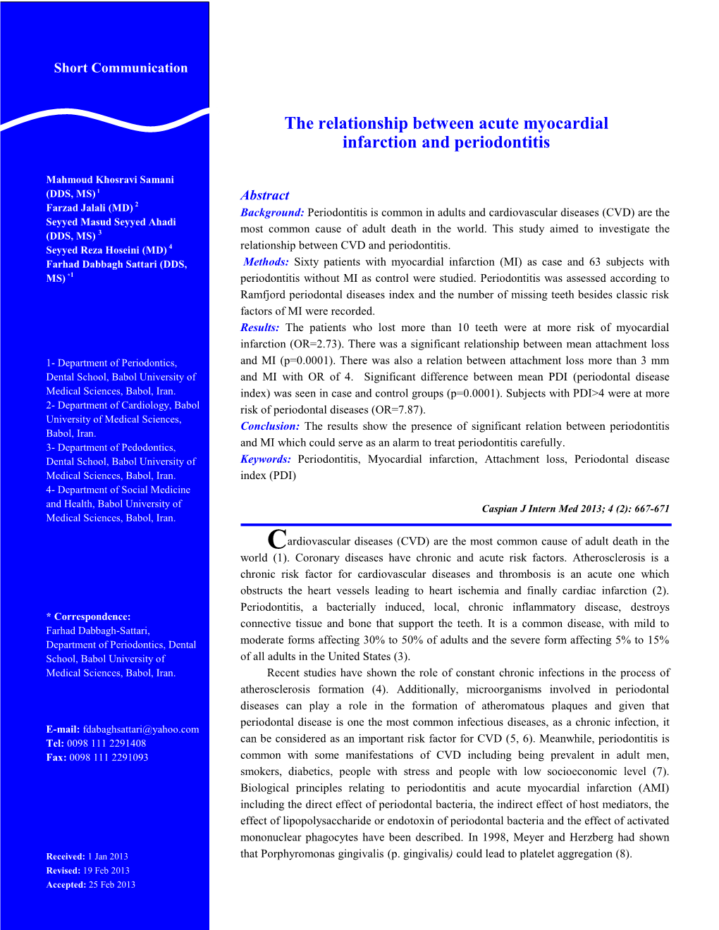 The Relationship Between Acute Myocardial Infarction and Periodontitis