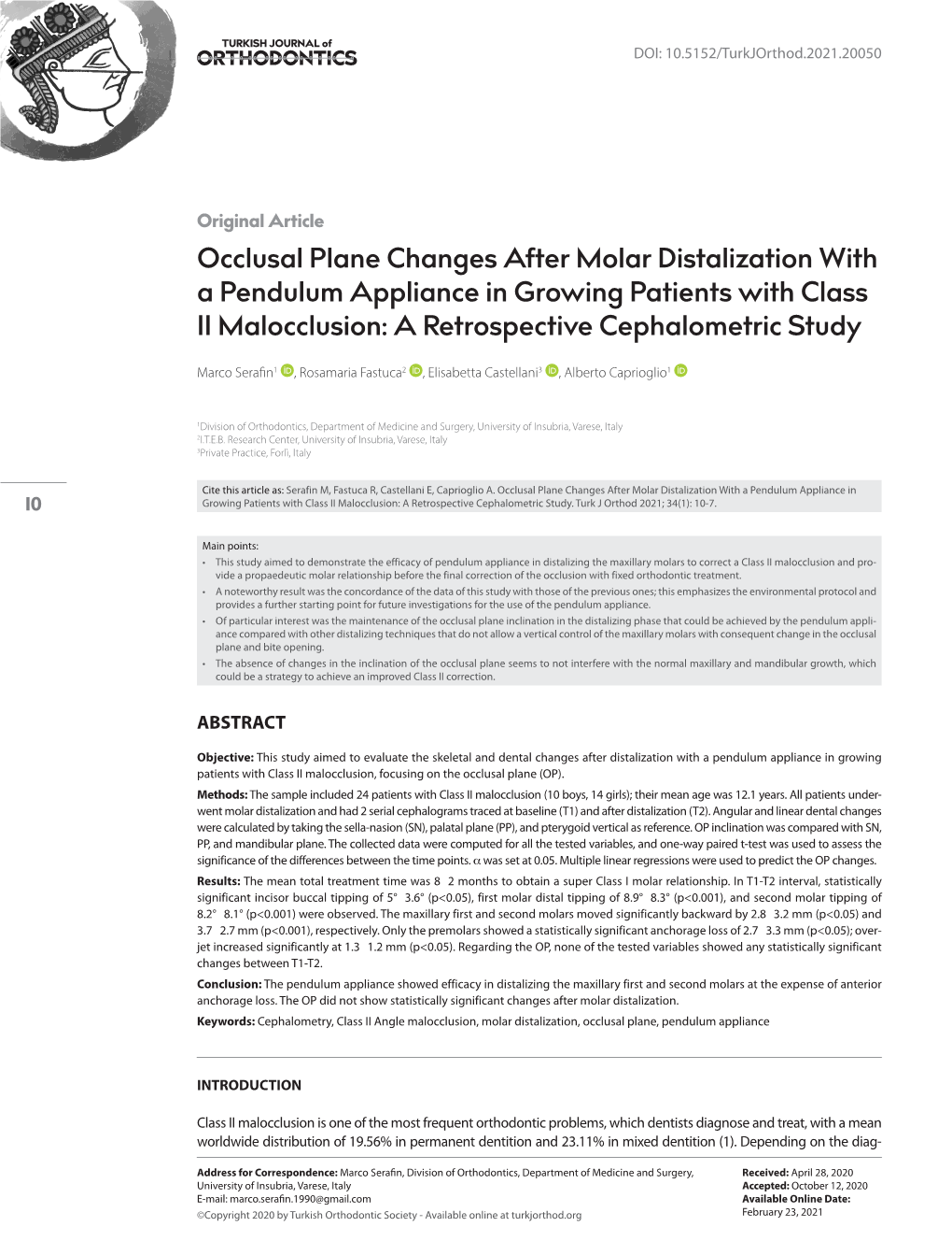 Occlusal Plane Changes After Molar Distalization with a Pendulum Appliance in Growing Patients with Class II Malocclusion: a Retrospective Cephalometric Study