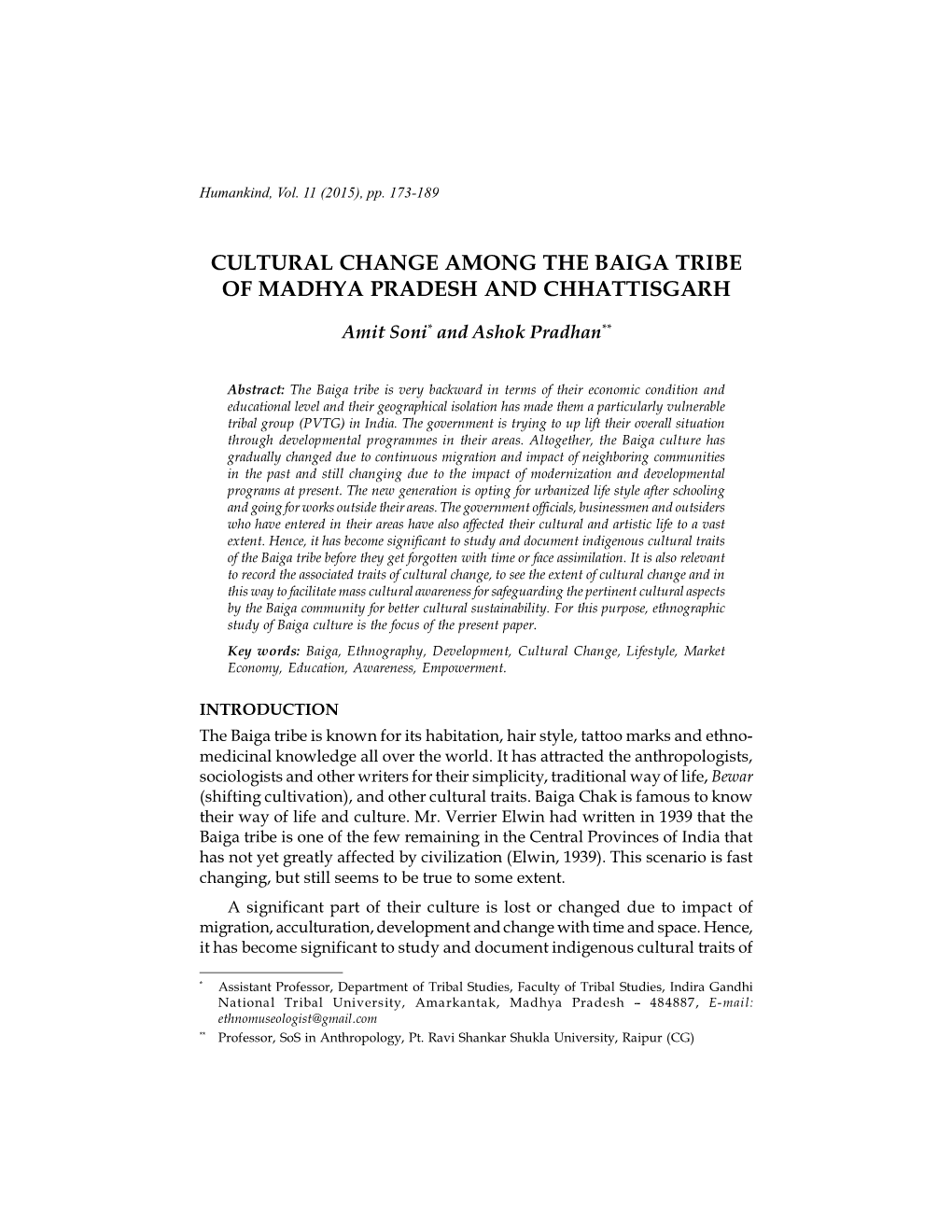 Cultural Change Among the Baiga Tribe of Madhya Pradesh and Chhattisgarh