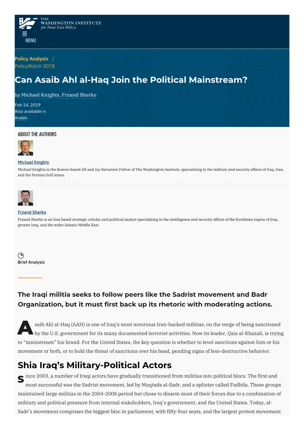 Can Asaib Ahl Al-Haq Join the Political Mainstream? by Michael Knights, Frzand Sherko